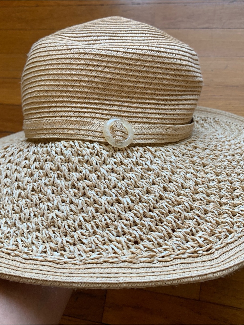 Nine West Natural Tan Woven Sun Hat with Decorative Button OS